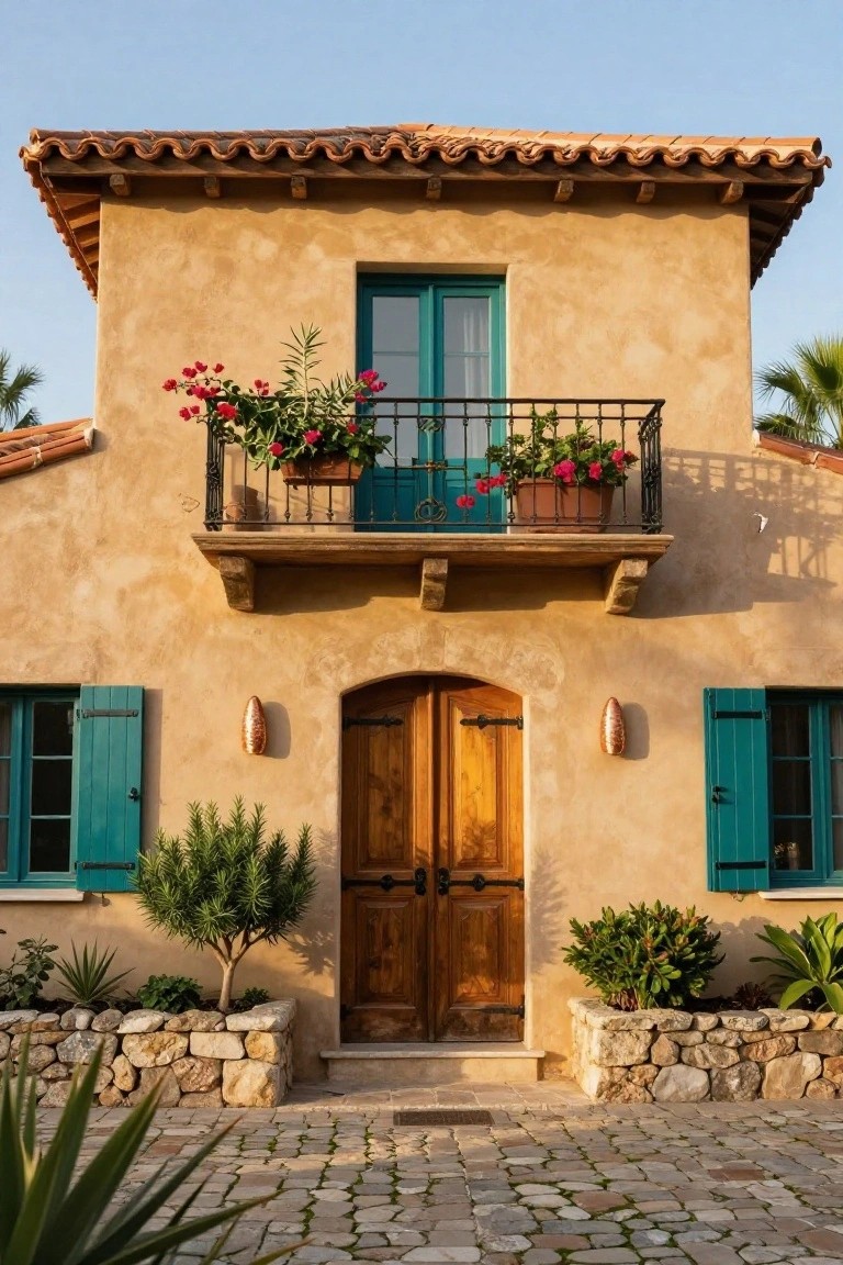 Beige stucco house facade with terracotta tile roof, teal shutters and balcony railing, arched wooden front door, flanked by plants and stone walls on a cobblestone path.