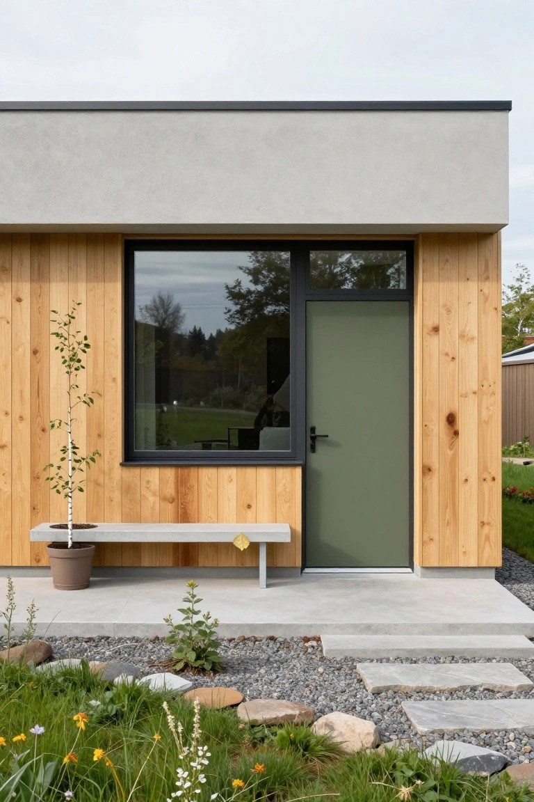 Modern house exterior with vertical light wood cladding on lower walls, light gray stucco upper section, black-framed window and olive green door, concrete bench with potted birch tree, and gravel landscaping with rocks and plants.
