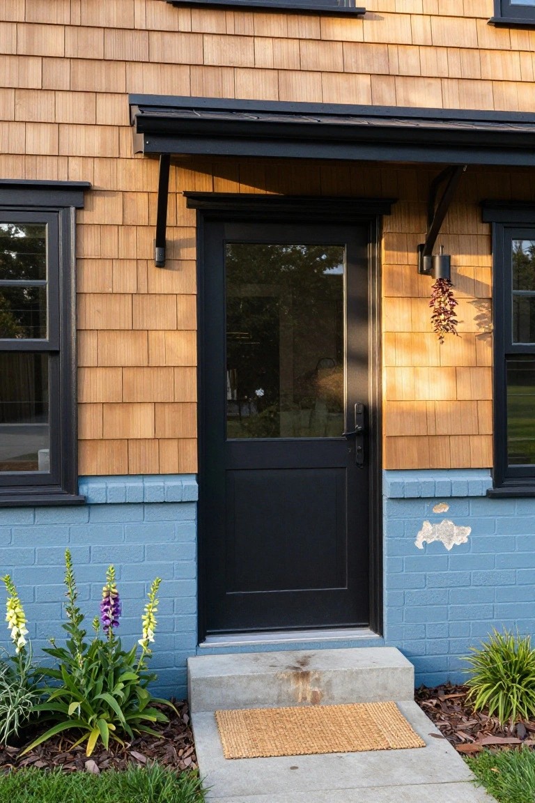 House exterior with golden cedar shingle siding, black-framed glass door and windows, blue brick foundation, entry steps, woven mat, and foxglove plants in front.