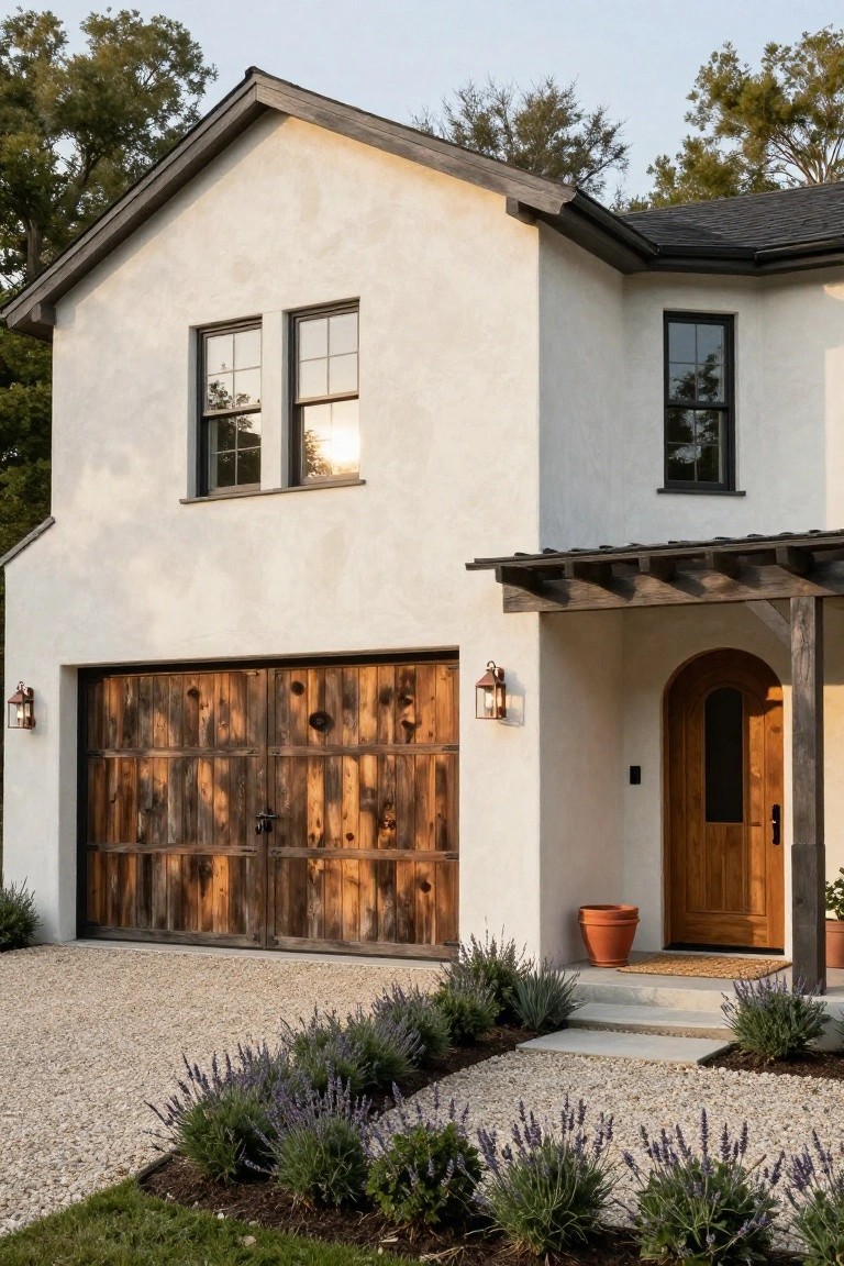 White stucco house exterior featuring a two-car wooden garage door, arched wooden entry door, black-framed windows, lantern lights, and lavender plants in a gravel bed with grass edging.