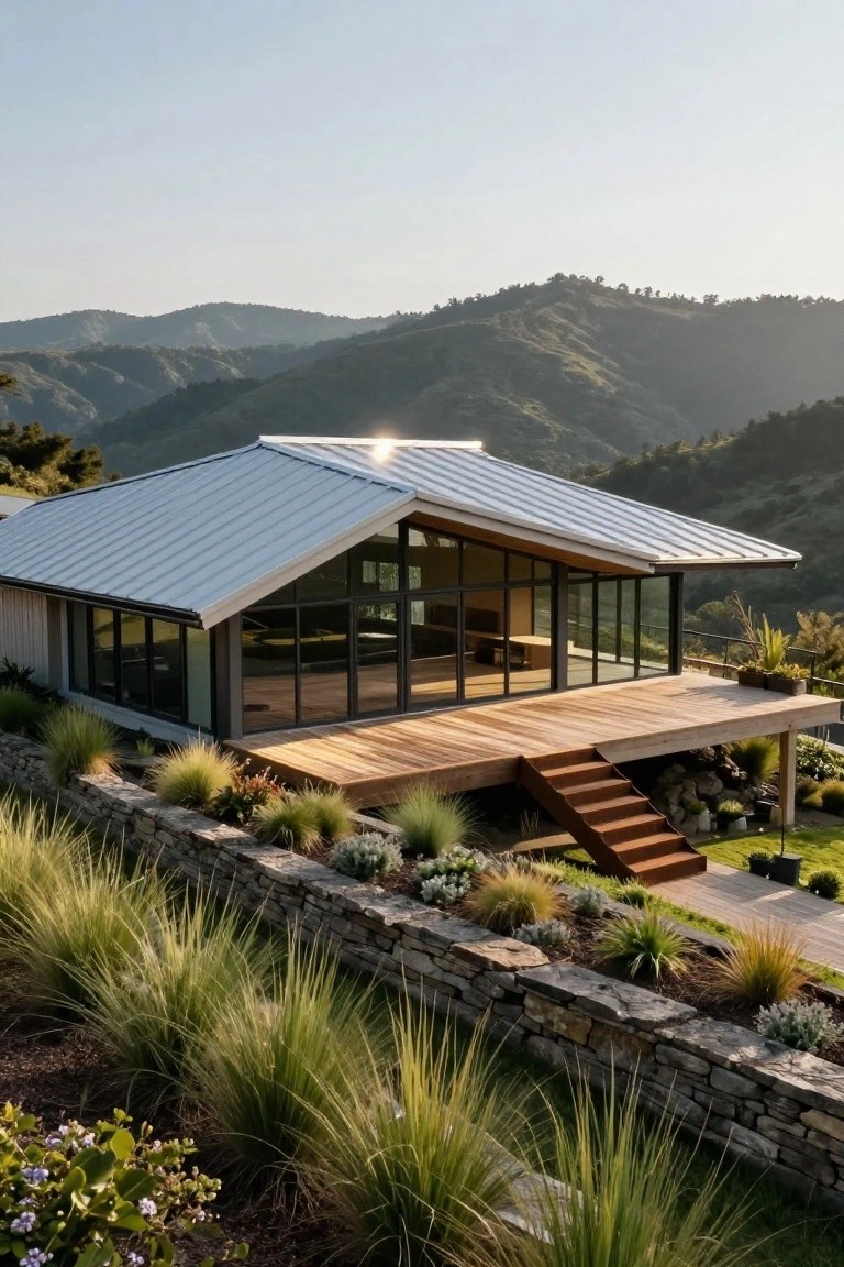 Modern single-story house with angular silver metal roof, large black-framed glass walls, wooden deck with red stairs, stone retaining wall, grasses and plants, on a hillside with mountains in background.