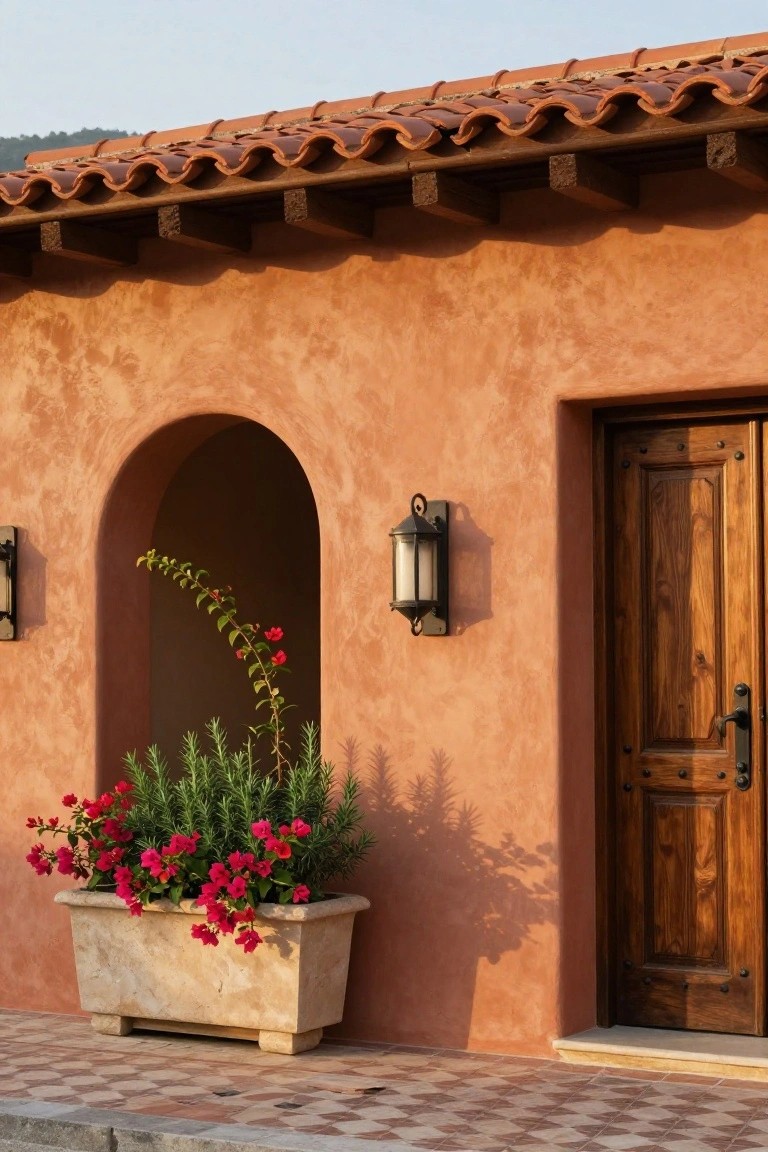 Terracotta stucco house wall with recessed arched doorway containing wooden door flanked by wall lanterns, stone planter of red flowers and rosemary, and tiled entry patio.
