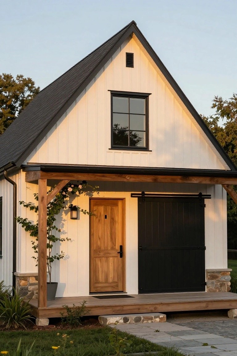 White board-and-batten gabled building with black sliding barn door, wooden double entry door on a covered porch with wood posts, plants, stone base, and gravel path in front.