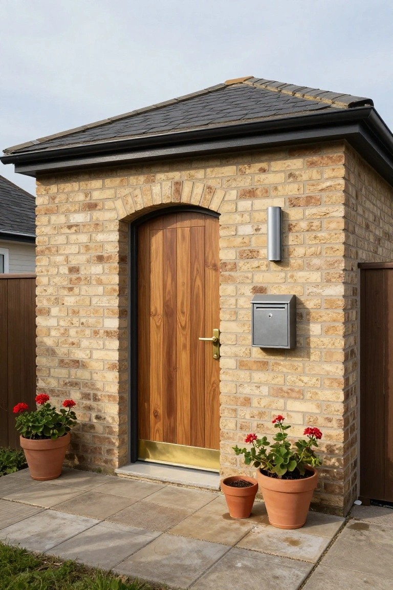 Small brick outbuilding with arched dark wooden door, brass handle and threshold, silver wall light and mailbox, and potted red geraniums on stone paving.