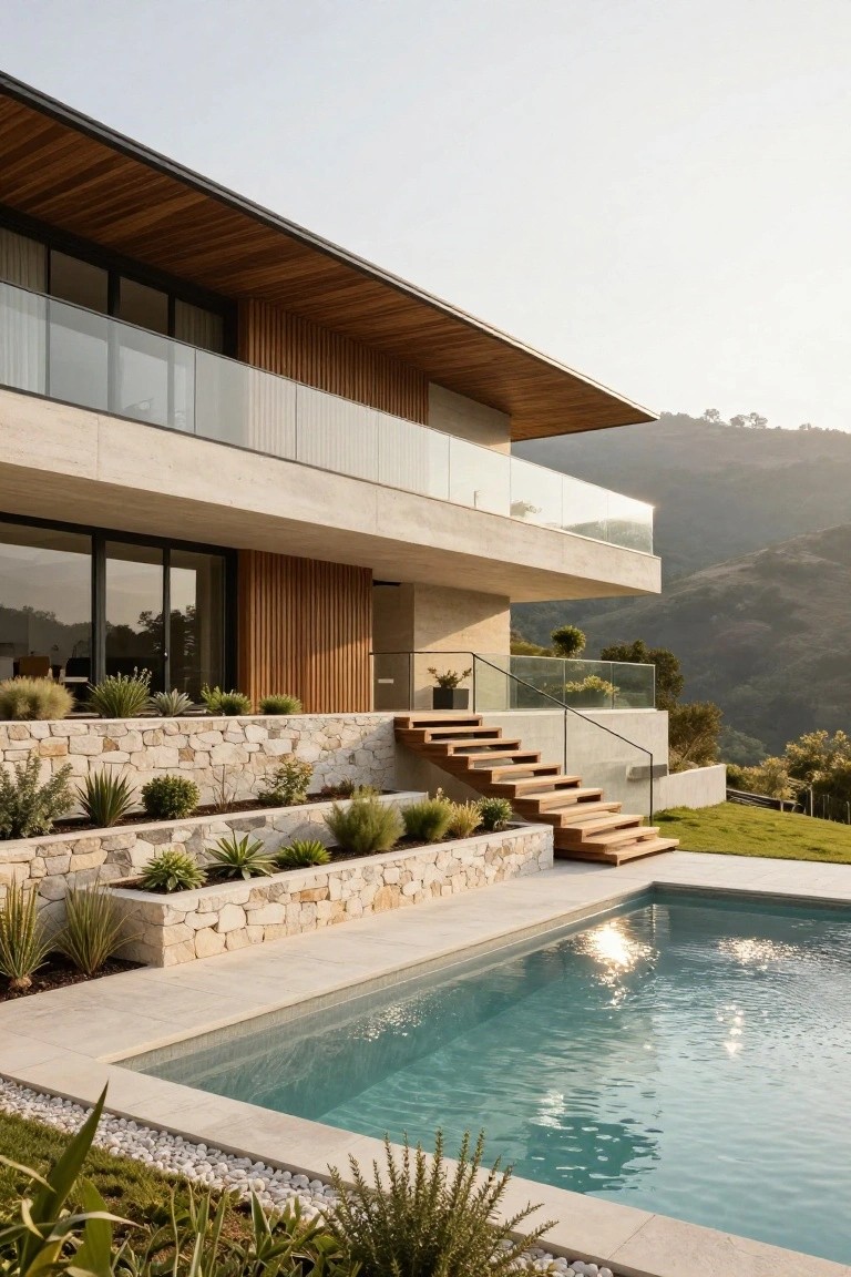 Multi-level modern house exterior featuring cantilevered beige concrete volumes with vertical wood cladding, glass balustrades, steps leading to an infinity-edge pool, stone retaining walls with plants, and surrounding hillside landscape.