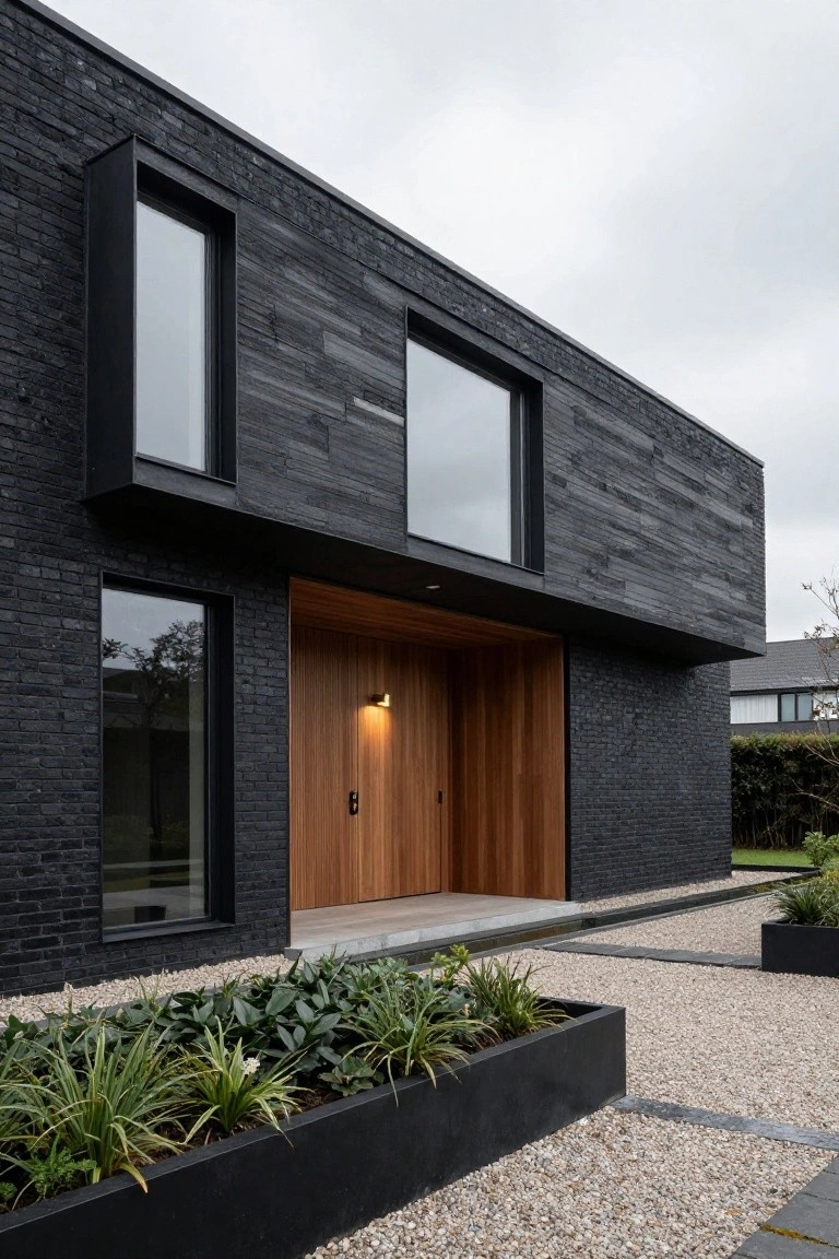 Black brick modern house exterior with vertical wood cladding accents, large dark-framed windows, recessed wooden front door lit by a wall sconce, black rectangular planters with greenery, and gravel pathway in front.