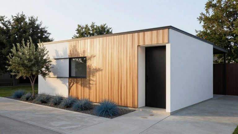 A small modern building with white stucco walls, vertical wood cladding on the right side and corner, a large black-framed sliding glass door, elevated on a concrete plinth, flanked by blue agave plants, olive trees, and a concrete driveway.