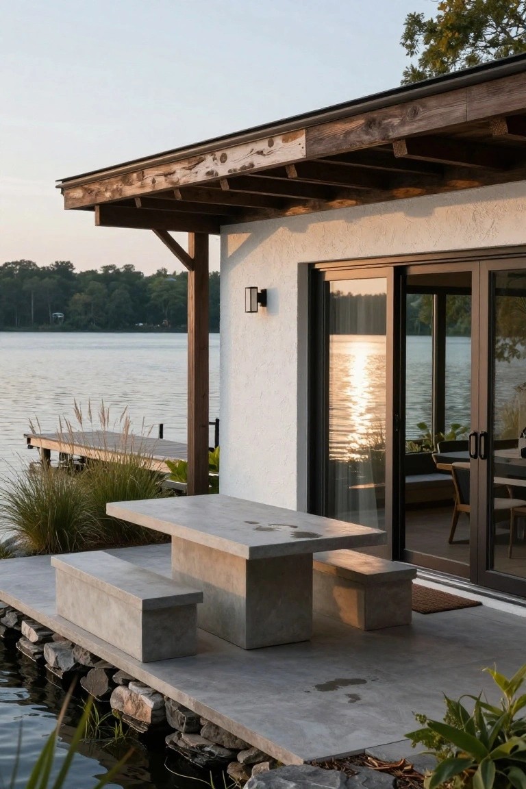 Gray concrete rectangular table and benches on a concrete deck platform extending over a lake, next to a white stucco house wall with black sliding glass doors, wooden roof overhang, rocks along the water edge, and a nearby wooden dock with grasses.