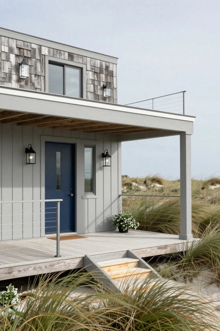 Gray modern beach house exterior elevated on posts with shingled upper facade, vertical board siding on lower level and porch, dark blue front door, wooden deck steps leading into sandy dunes with sea grass.