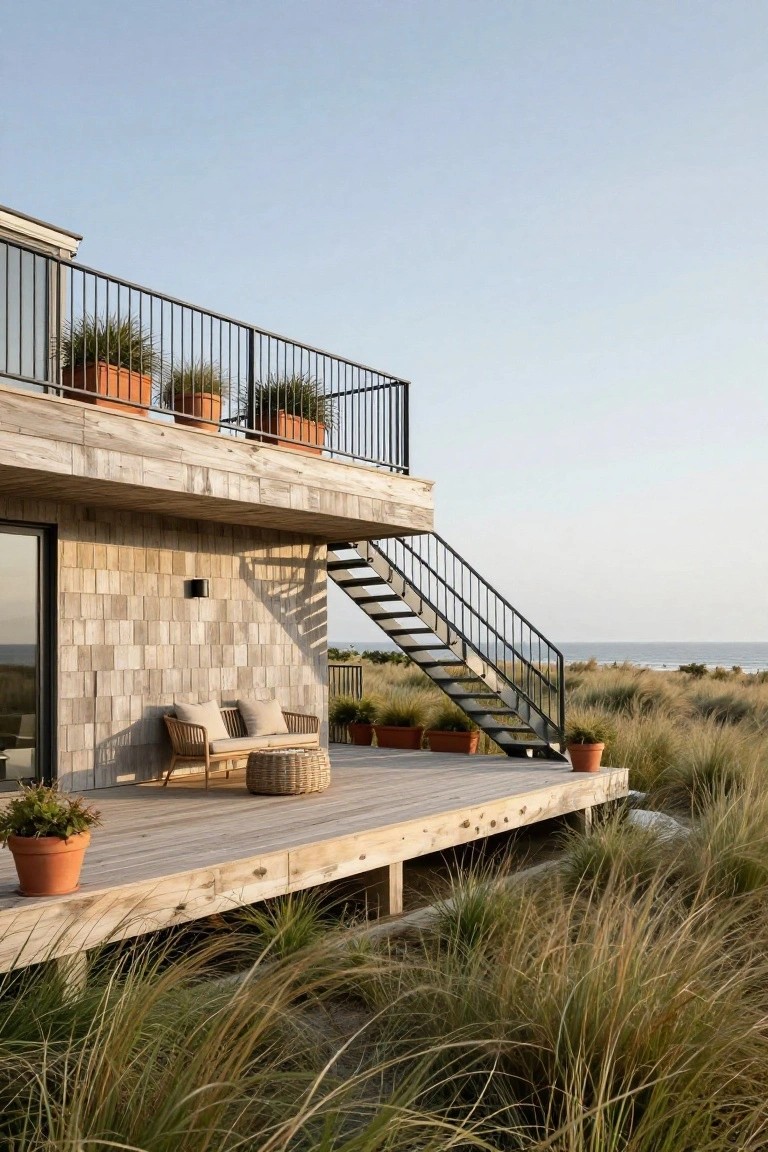 Gray shingle-clad beach house elevated on wooden posts with a wooden deck, cushioned bench seating, potted plants, black metal staircase and balcony railing, dune grass, and ocean view.