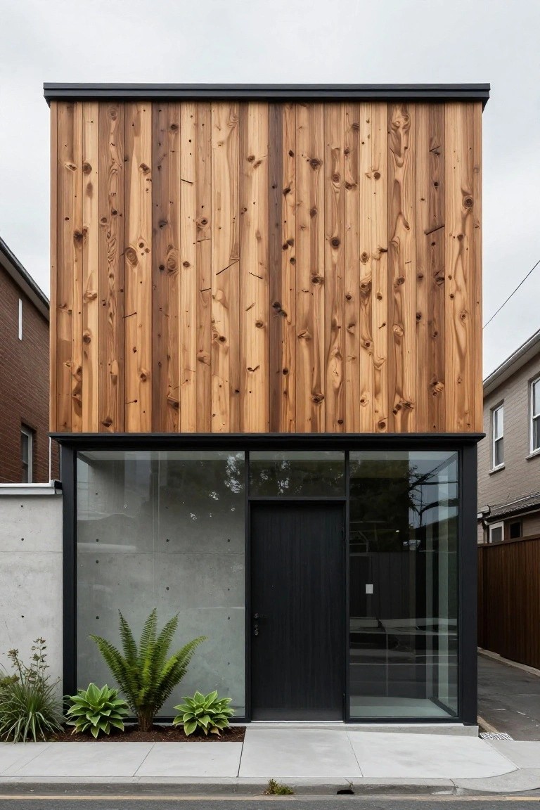 Modern narrow two-story house with vertical knotted wood cladding on upper levels, black metal roof edge, concrete base, large black-framed glass entry with black door, potted ferns and agaves in front, adjacent brick and wood houses visible.