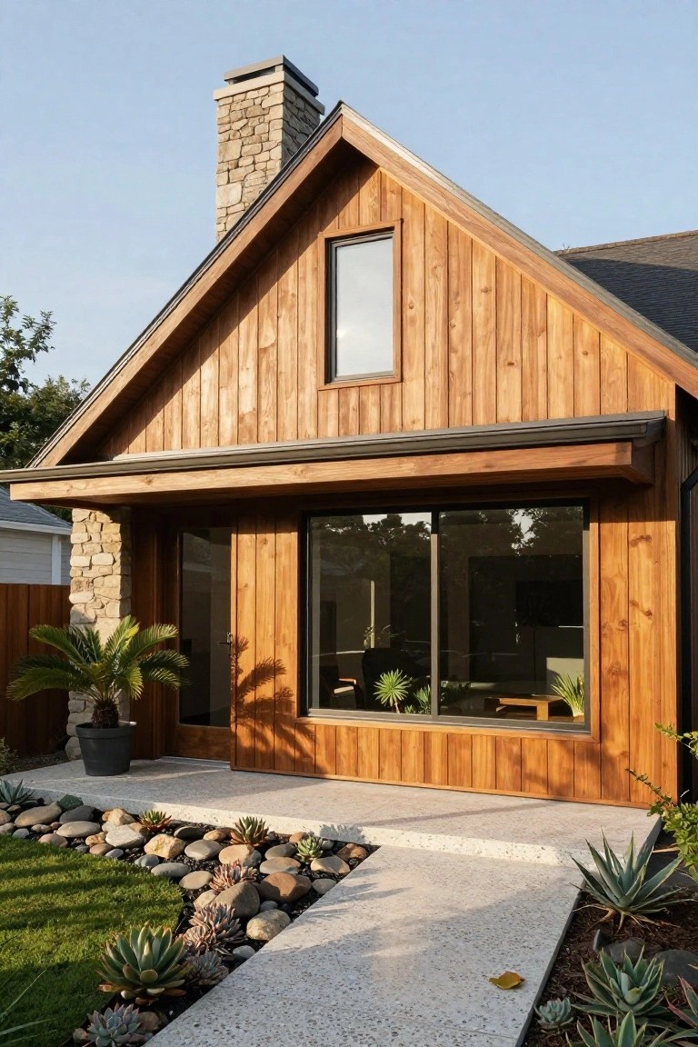Modern single-story house exterior featuring vertical light brown wood cladding, a stone chimney, large dark-framed windows, covered entry porch, and a concrete pathway edged with rocks and succulents.