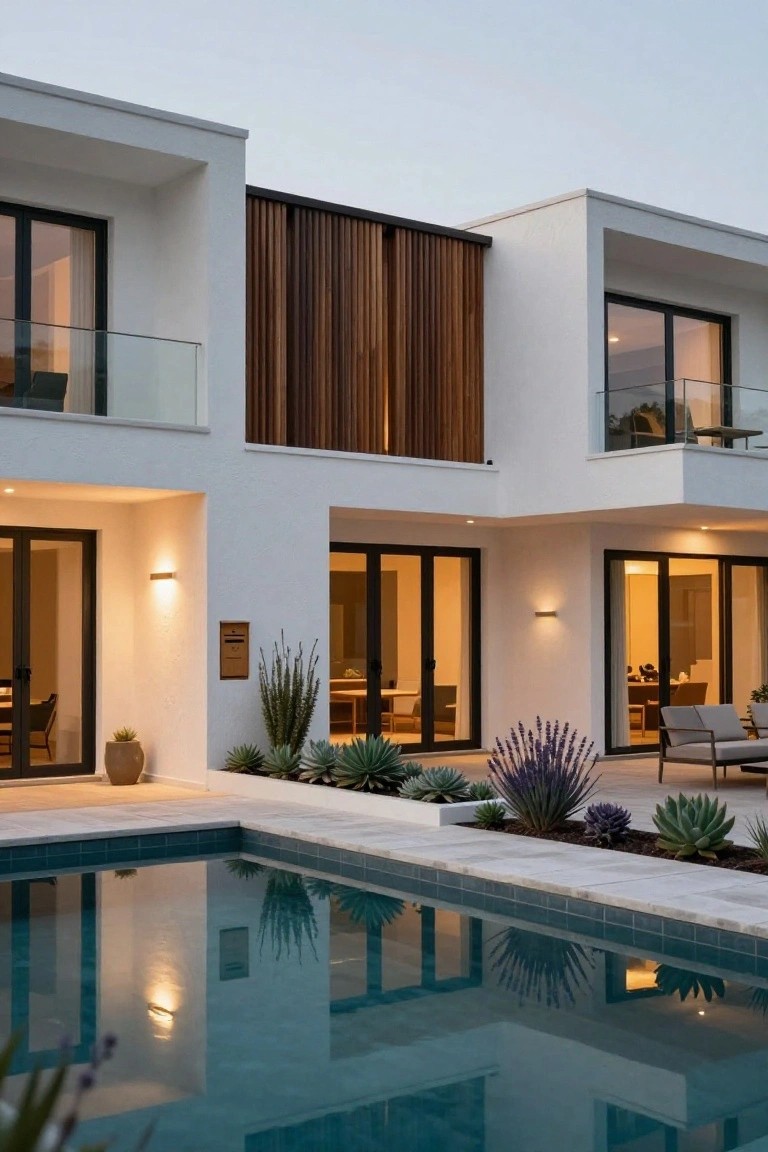 Modern two-story white stucco house with vertical wood cladding on one upper section, large glass doors at ground level opening to a turquoise pool edged with succulents and lavender plants at dusk.