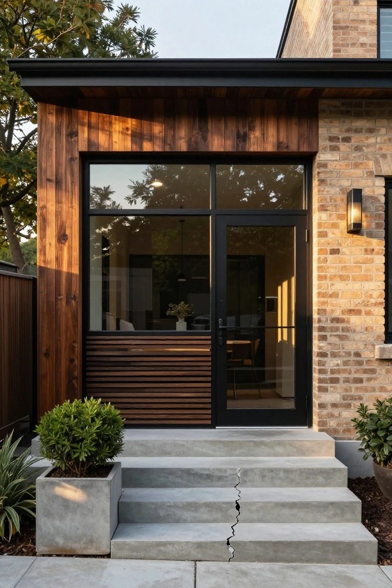 Exterior of a brick house with vertical wood cladding around a black-framed glass entry door, louvered wood panels below, concrete steps, and potted plants flanked by greenery.