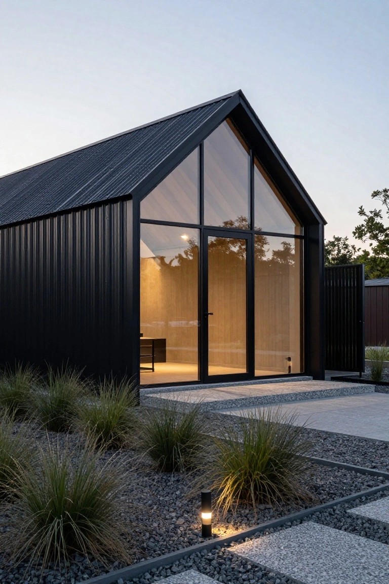 Black corrugated metal house with gable roof and large triangular glass window on the front facade, concrete entry steps, gravel ground cover, grasses, and a pathway light at dusk.