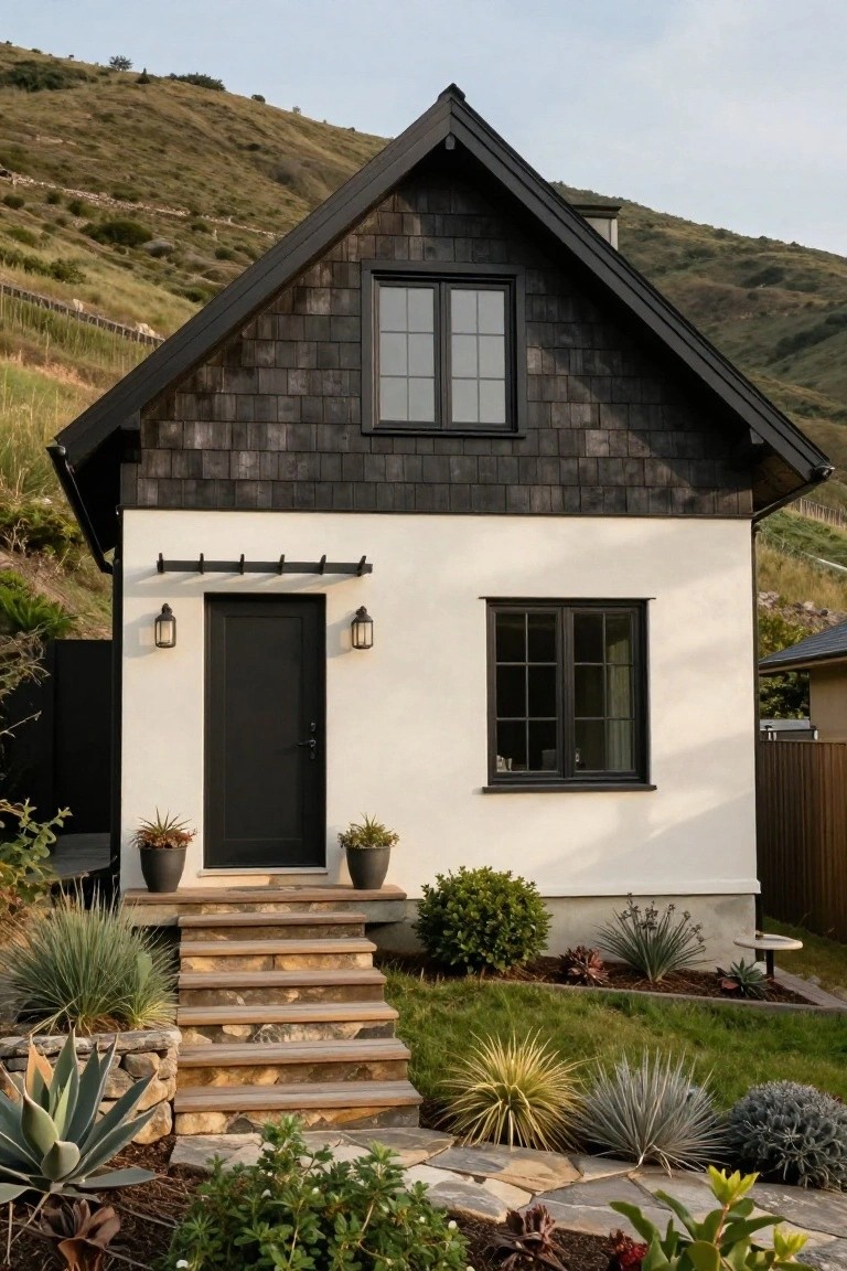 Small gable-roofed house with black shingle upper roof and white stucco lower walls, black door and windows, lantern lights flanking entry, stone steps, and drought-tolerant plants on hillside setting.