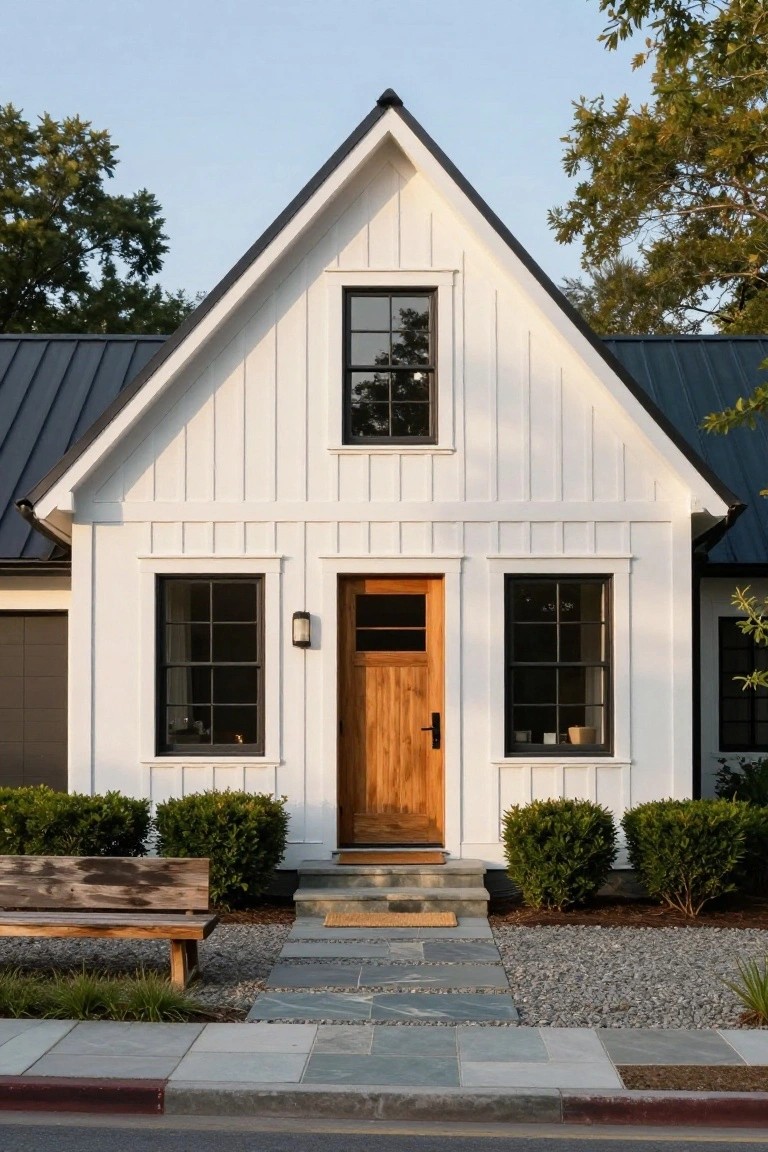 White board-and-batten sided house with dark metal gable roof, black-framed windows, wooden front door, boxwood shrubs on either side, stone pathway, and wooden bench nearby.