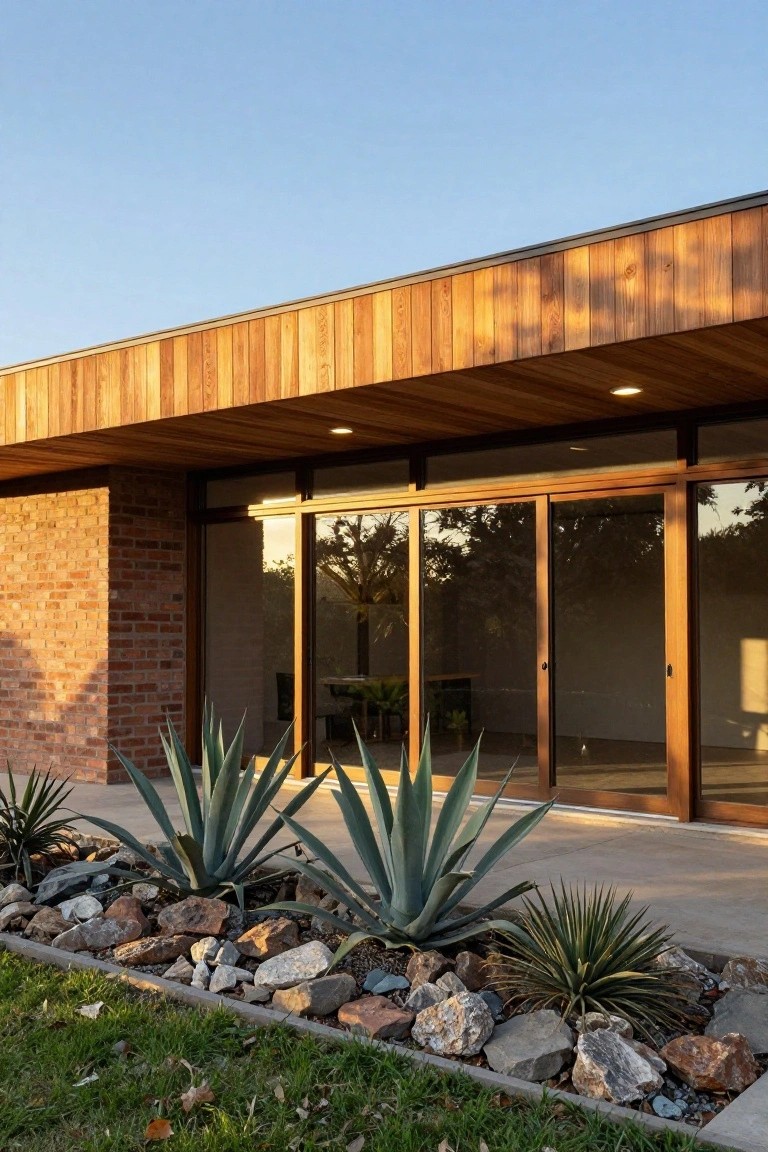 Side view of a modern house exterior with brick wall base, wooden slatted roof overhang, large wooden-framed sliding glass doors, agave plants, rocks, and grass in the front garden bed under a blue sky.