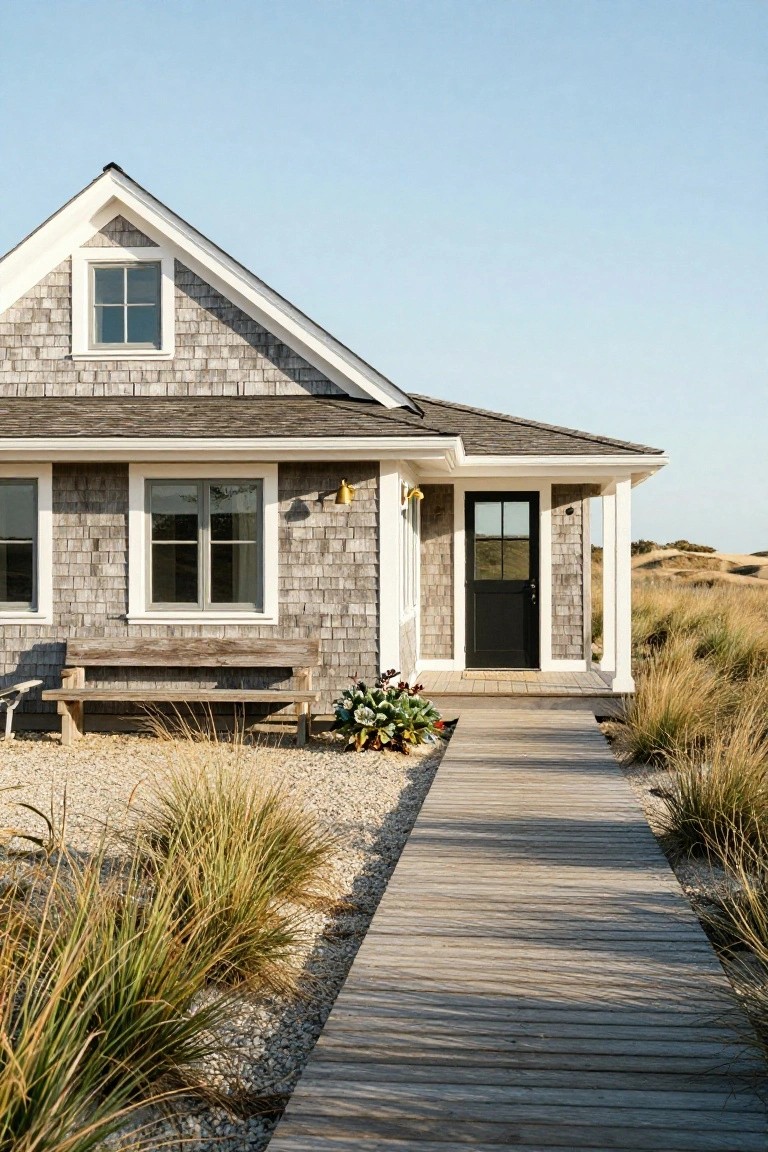 Small gray shingled house with gable roof, white trim, large windows, black front door on porch, bench, potted plants, yellow porch lights, wooden boardwalk path through beach grass and gravel toward sand dunes under clear blue sky.