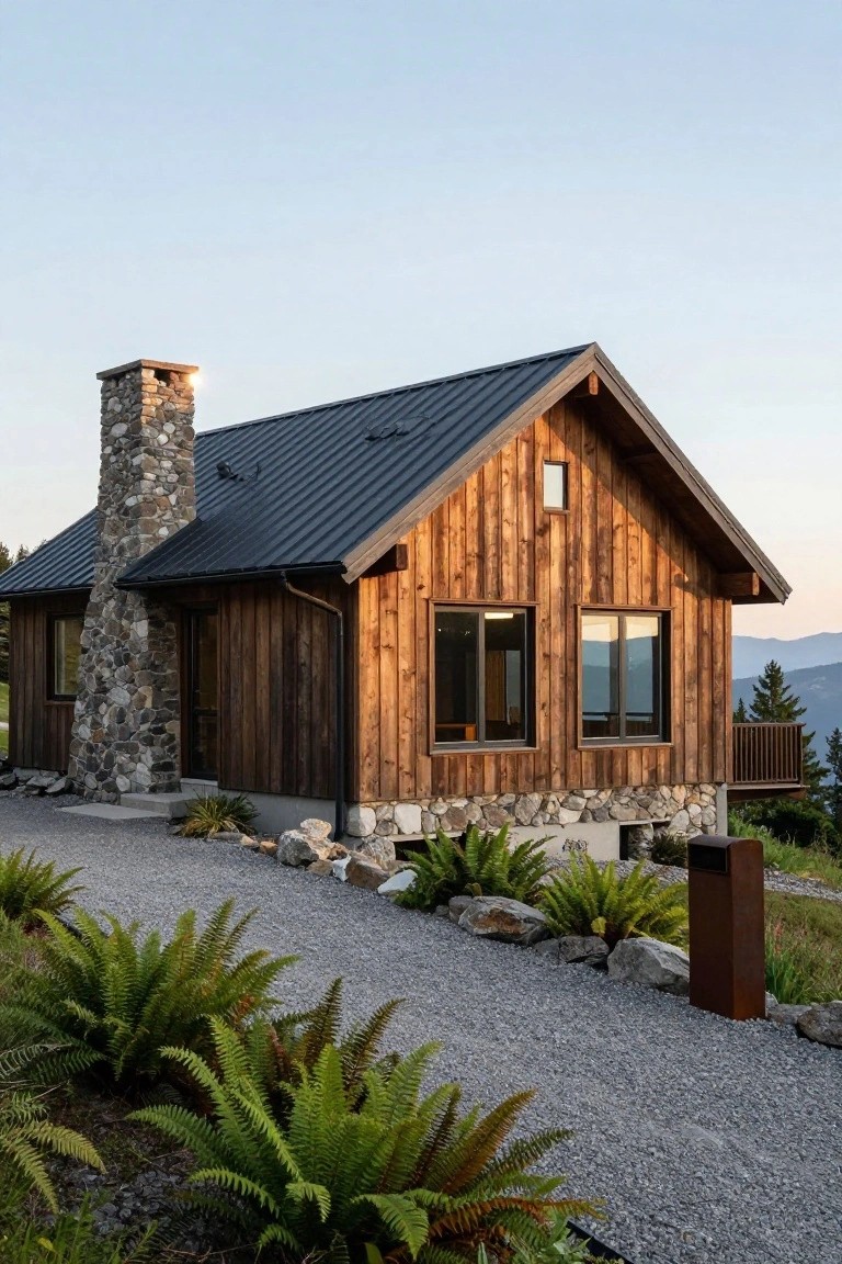 Wooden cabin-style house with dark metal gable roof, stone chimney, large windows, wood siding, gravel driveway, ferns, and rocks on a hillside with mountain view.