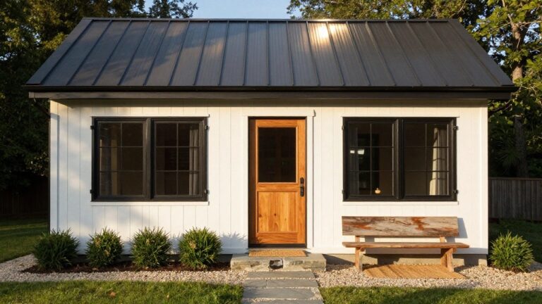 White board-and-batten sided house with dark metal gable roof, black-framed windows, wooden front door, boxwood shrubs on either side, stone pathway, and wooden bench nearby.