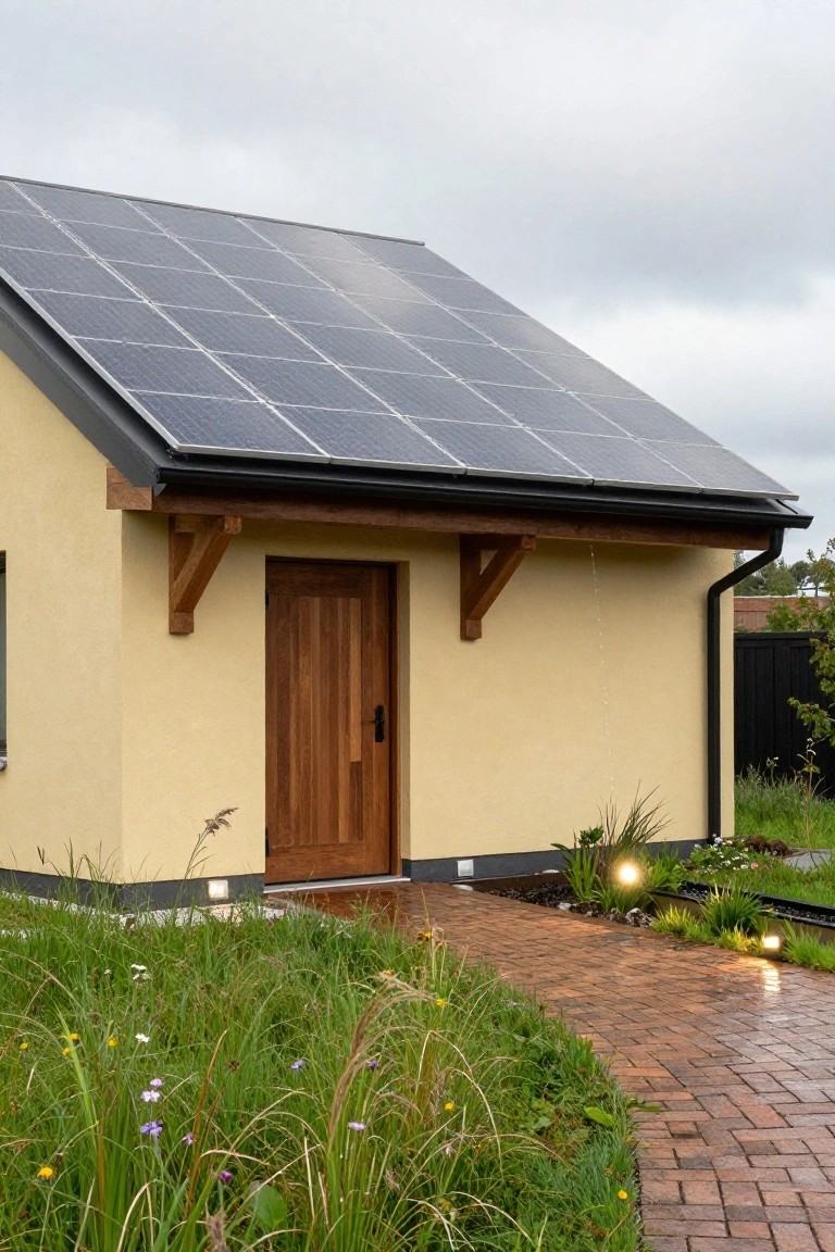 Small house with gable roof covered in solar panels, yellow plaster walls, wooden front door, exposed timber brackets, brick pathway, and surrounding wild grasses under cloudy sky.