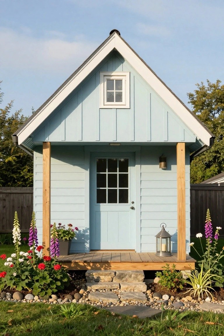 Small light blue clapboard shed with gable roof, white trim, wooden porch posts, lantern light, and surrounding flowers and stone steps in a backyard garden.