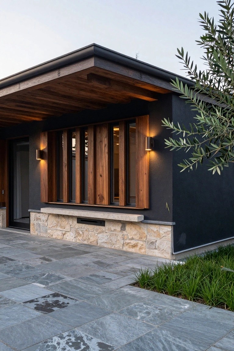 Modern house exterior with dark rendered walls, vertical timber slats over windows and glazed entry door, sandstone base, timber-lined overhanging roof, wall-mounted lights, olive tree, and grey stone pavers with grass edging.