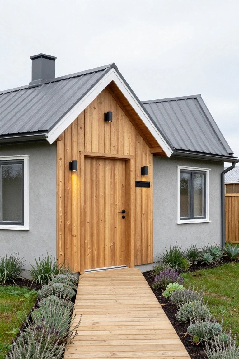 A small modern house with a gable roof covered in gray metal, light gray siding, vertical wooden cladding on the gable end and around a wooden entry door with black hardware, flanked by black wall lights, a wooden pathway, and low border plants including lavender and succulents.