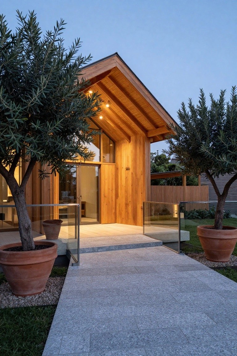 Modern wooden house with gable roof, vertical timber cladding, glass entrance door, flanked by large potted olive trees on stone pathway at dusk.
