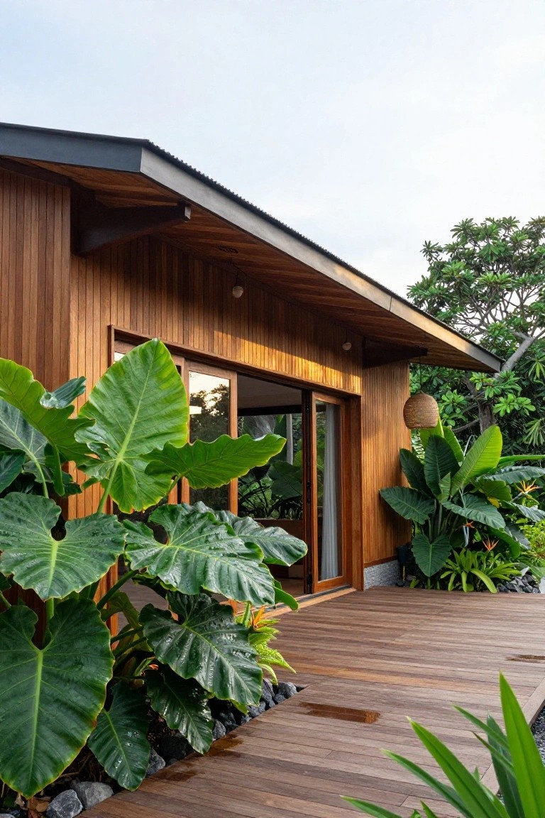 Side exterior of a modern house with vertical warm wood cladding, black metal gable roof, sliding glass doors opening to a wooden deck, and large tropical plants like elephant ears framing the entrance.