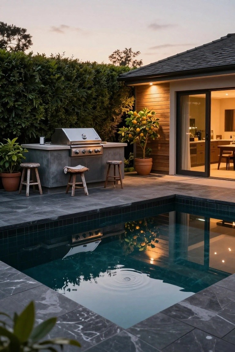 Outdoor kitchen area with built-in stainless steel grill on concrete counter and two wooden bar stools, adjacent to small rectangular pool with dark tile edges, lemon tree in terracotta pot, and open sliding glass doors to house kitchen.