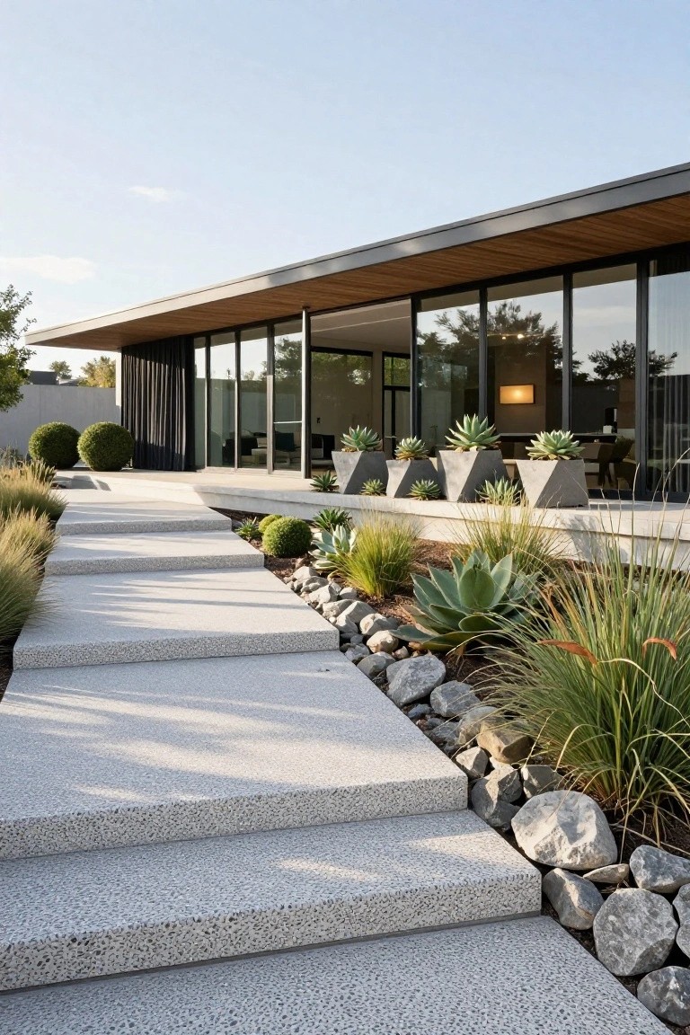 Modern house exterior with cantilevered wooden roof, black framing, and large glass walls, approached by wide pebble-textured concrete steps bordered by river rocks, agave succulents, and ornamental grasses.