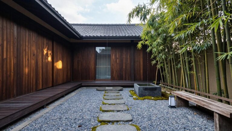 14 Modern House Exterior Garden Designs That Blend With Nature Side view of a modern house with cedar wood walls and sliding glass doors next to a gravel garden path with irregular moss-covered stepping stones, a stone water basin, bamboo plants, and a wooden bench.