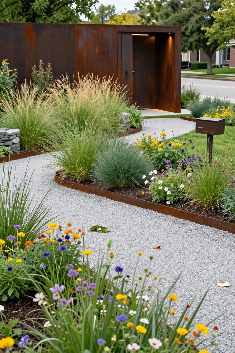 Curving gravel pathway bordered by rusted steel edging amid ornamental grasses and colorful wildflowers, leading to a corten steel entry structure next to a street with trees and houses.