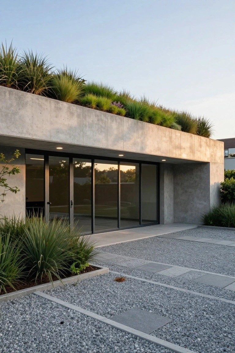 Exposed concrete house exterior with a green roof planted in grasses and sedums, large black-framed sliding glass doors at the entry, gravel pathway, and surrounding yucca plants.