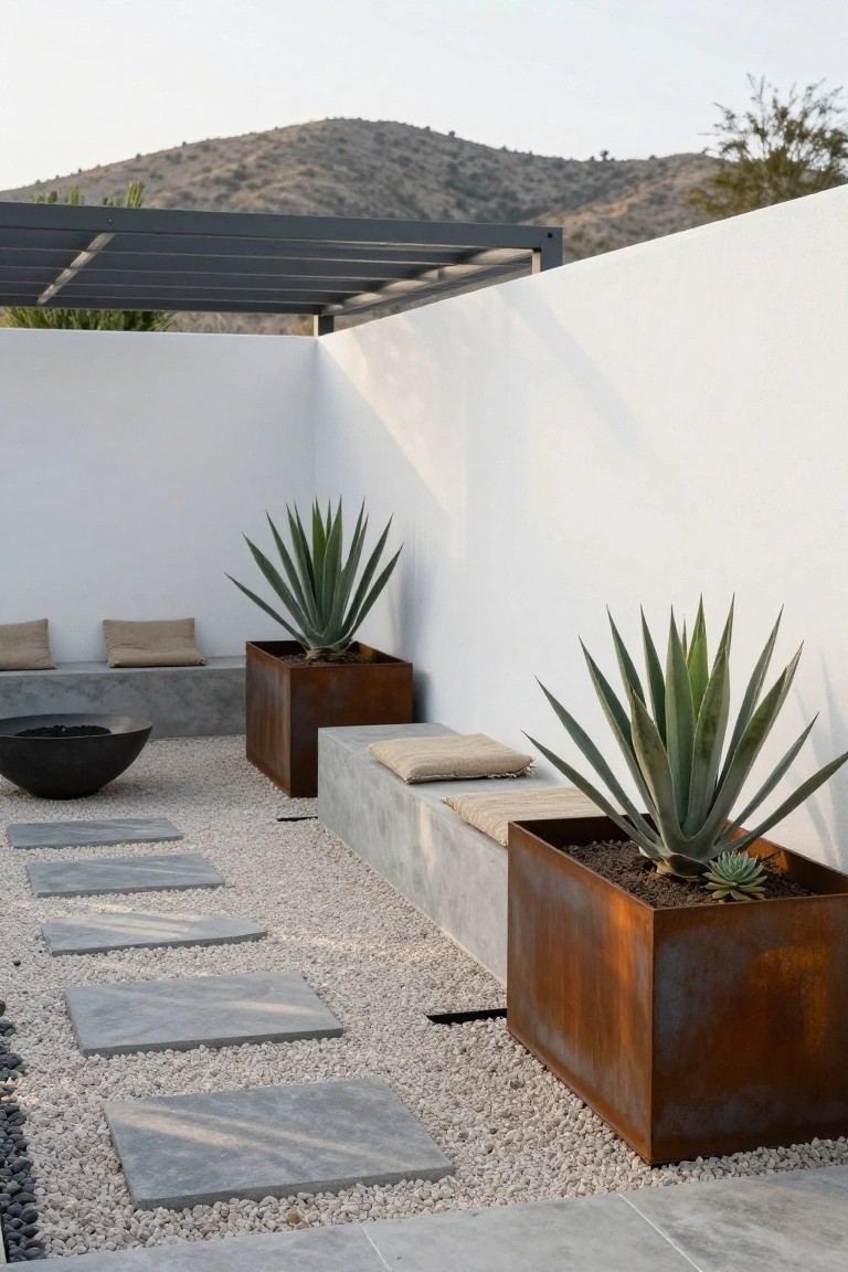 Modern courtyard patio enclosed by white walls under a metal pergola, featuring linear concrete benches with beige cushions, central black fire bowl on gravel ground with gray stone pavers, rusted metal planters holding agave plants, and mountain backdrop.