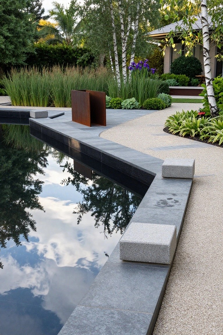 Modern rectangular pool with dark reflective water showing birch trees and clouds, edged in black stone with concrete block seats, gravel paths, reeds, and garden plants around it.
