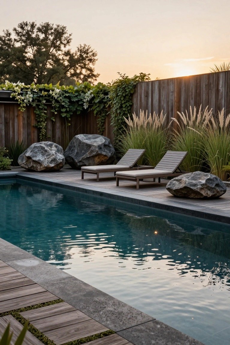 Narrow turquoise pool with dark stone coping and light wooden deck along one edge, two beige lounge chairs on the deck, several large gray boulders nearby, tall pampas grasses, and wooden fence with vines in the background at sunset.