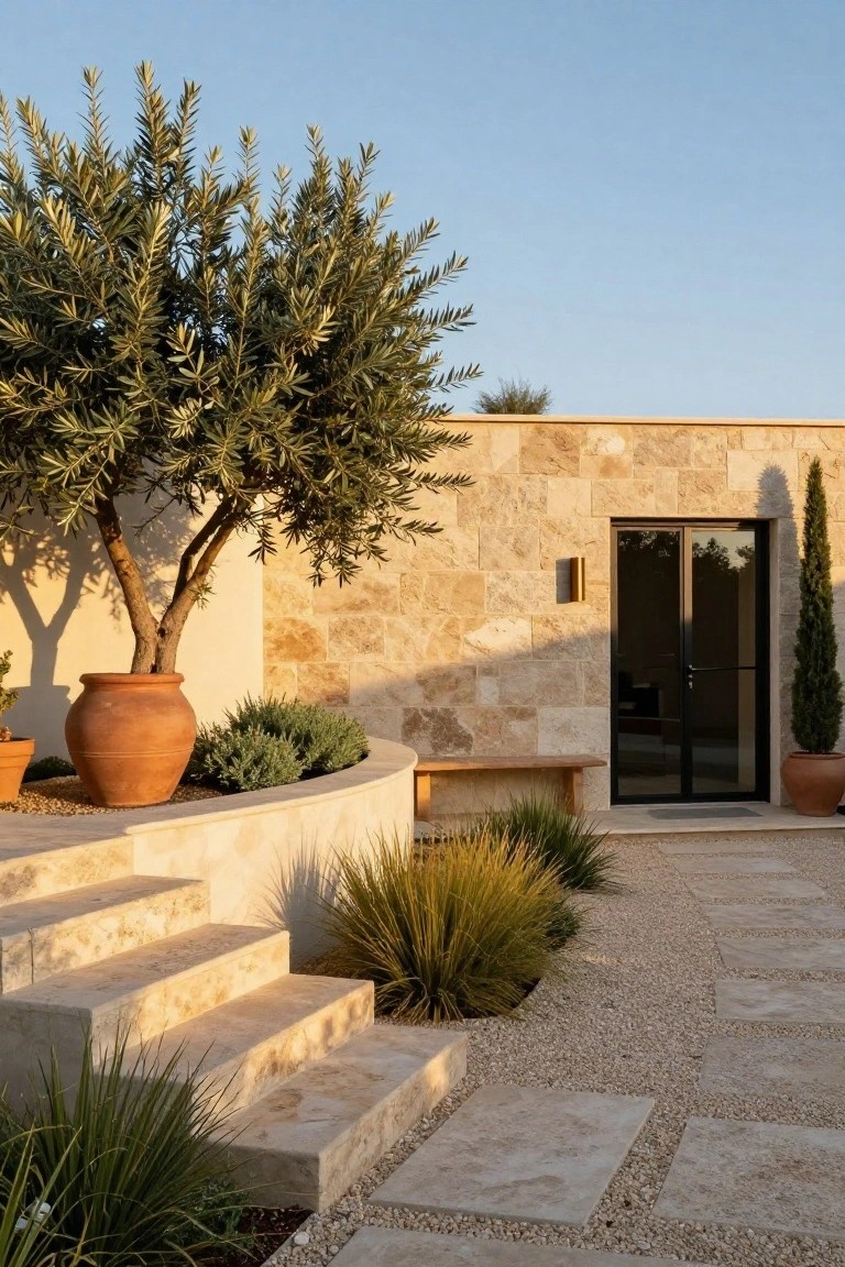 Beige limestone wall with black framed double doors and integrated wooden bench, approached by stone steps beside a large terracotta pot holding an olive tree, gravel path edged with ornamental grasses and potted cypress trees.