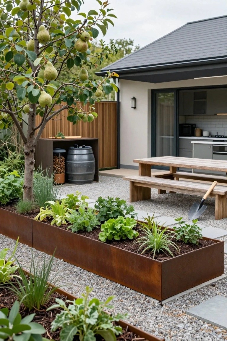 Backyard gravel patio with wooden dining table and benches, corten steel raised planters filled with vegetables and herbs, a pear tree, wood and water storage barrels, and modern house kitchen visible through glass doors.