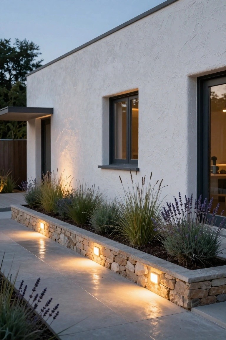 Exterior side of a modern white stucco house with black-framed windows and a covered entry area, next to a raised dry-stone planter bed containing ornamental grasses and lavender bushes along a lit gray paver pathway at dusk.