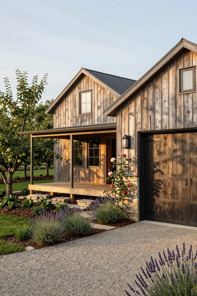 A two-story barn-style house with dark gray metal roofs, vertical weathered wood siding, covered porch, attached wooden garage door, apple trees, rose bushes, lavender plants, stone retaining walls, and gravel driveway.