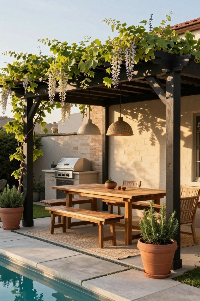 Black pergola covered in green vines and white wisteria flowers over a wooden dining table and benches on a concrete patio next to a built-in grill, potted plants, stone wall, and pool edge.