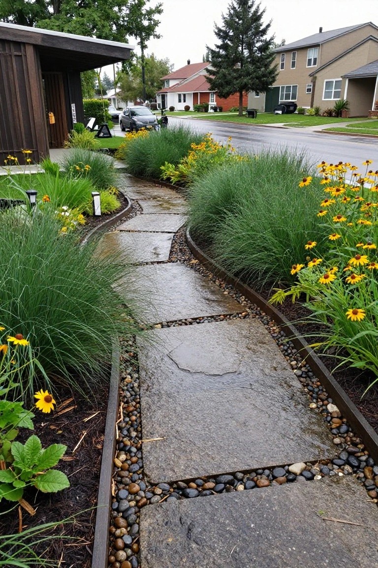 Wet stone path winds through garden with yellow flowers and tall grasses.