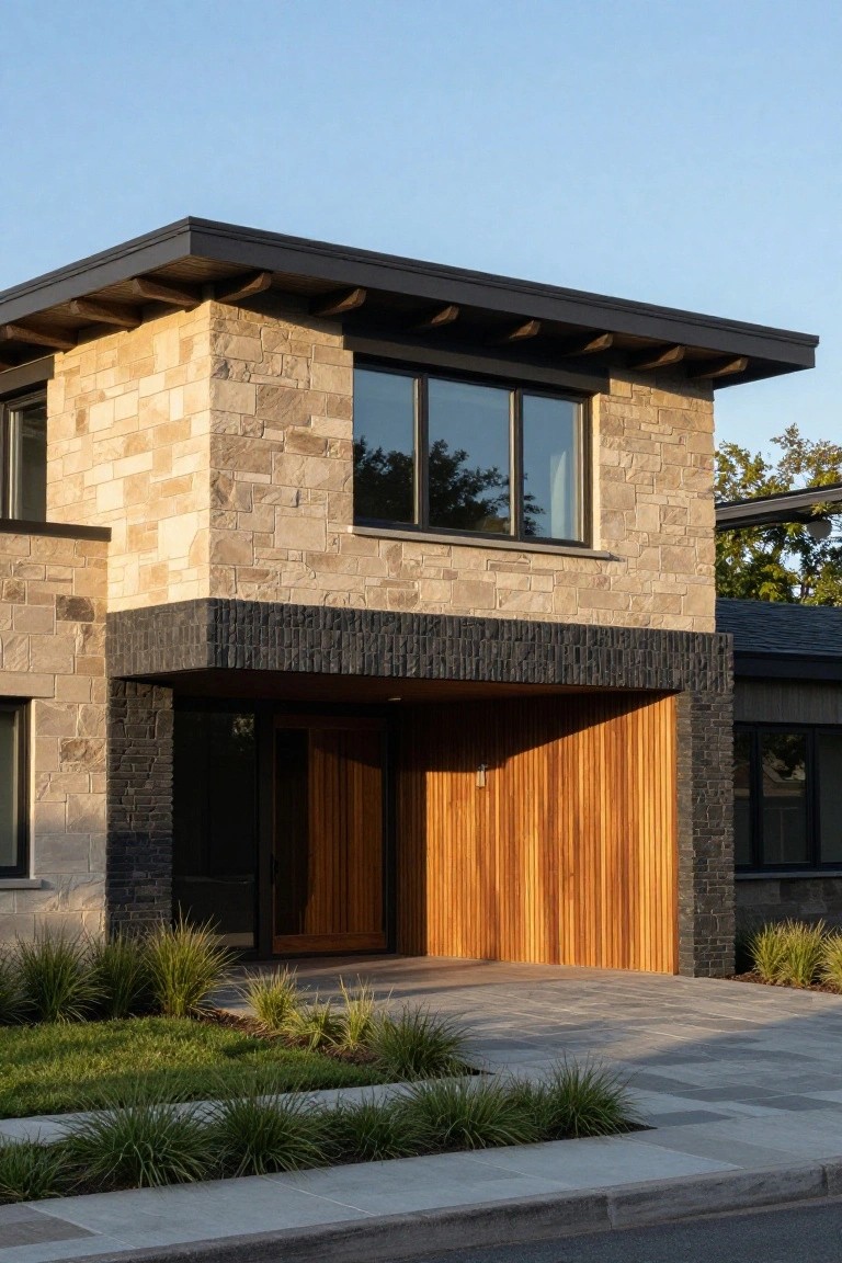 Modern stone house with wood garage door and large windows.