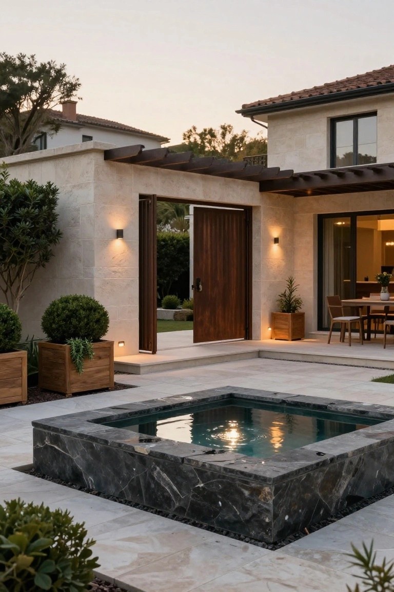 Beige stucco house exterior with dark wooden pergola, entry door, glass walls leading to indoor dining, square black marble plunge pool, potted plants, and outdoor seating in a paved courtyard at dusk.