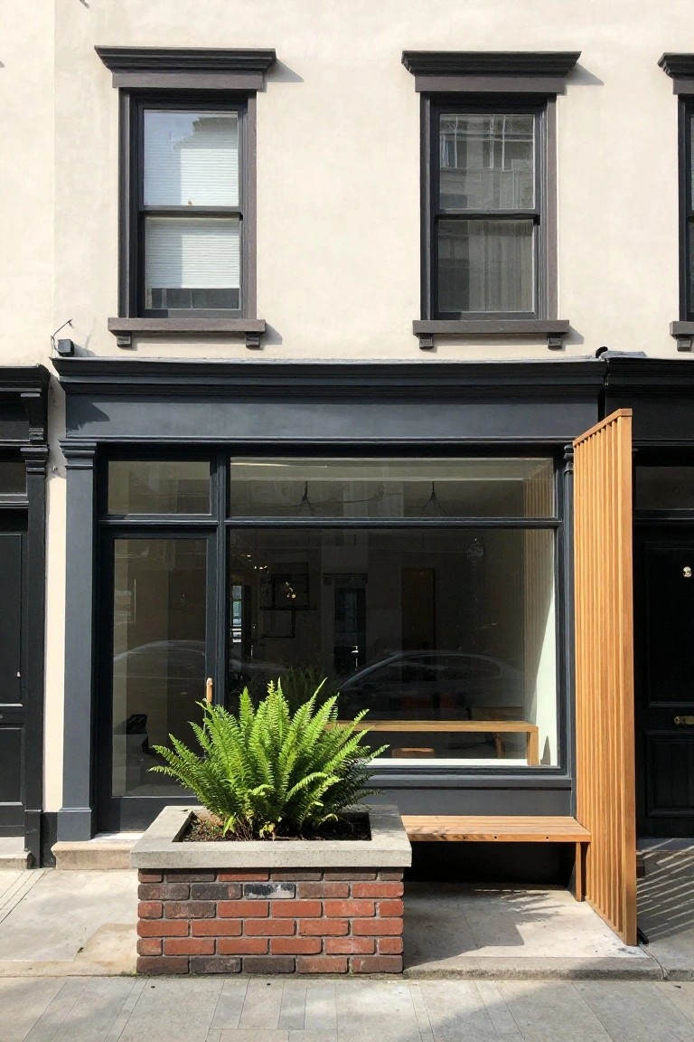 Storefront with large windows, brick planter, fern, and wooden bench.