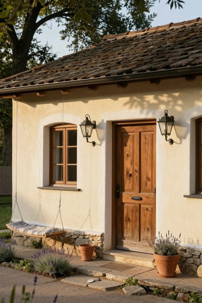 Small house exterior with creamy stucco walls, arched window, wooden door with black metal lanterns on each side, hanging swing bench, and terracotta pots of lavender on stone steps.
