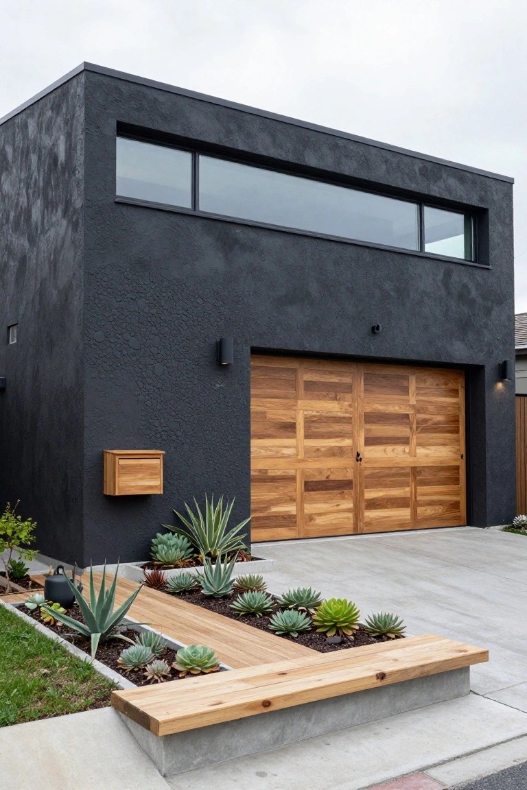 Modern single-story house with dark textured stucco walls, large horizontal wooden garage door, wooden mailbox, and succulent plantings along a concrete driveway with wooden bench.
